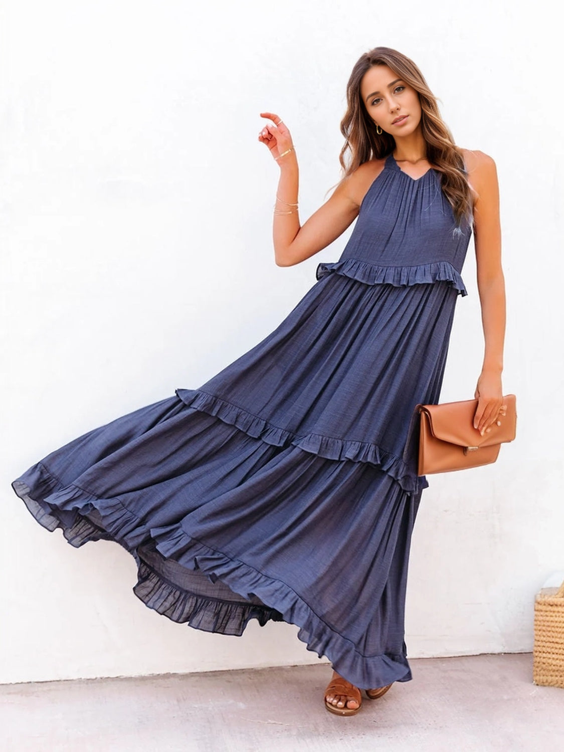 Romantic Ruffled Sleeveless Tiered Maxi Dress with Pockets Elegant & Chic Statement Beautiful Design Dress by Stevvex