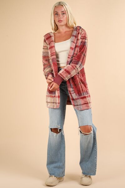 Colorful Fuzzy Plaid Long Sleeve Hooded Jacket Warm & Trendy Outerwear for Cold Days by Stevvex