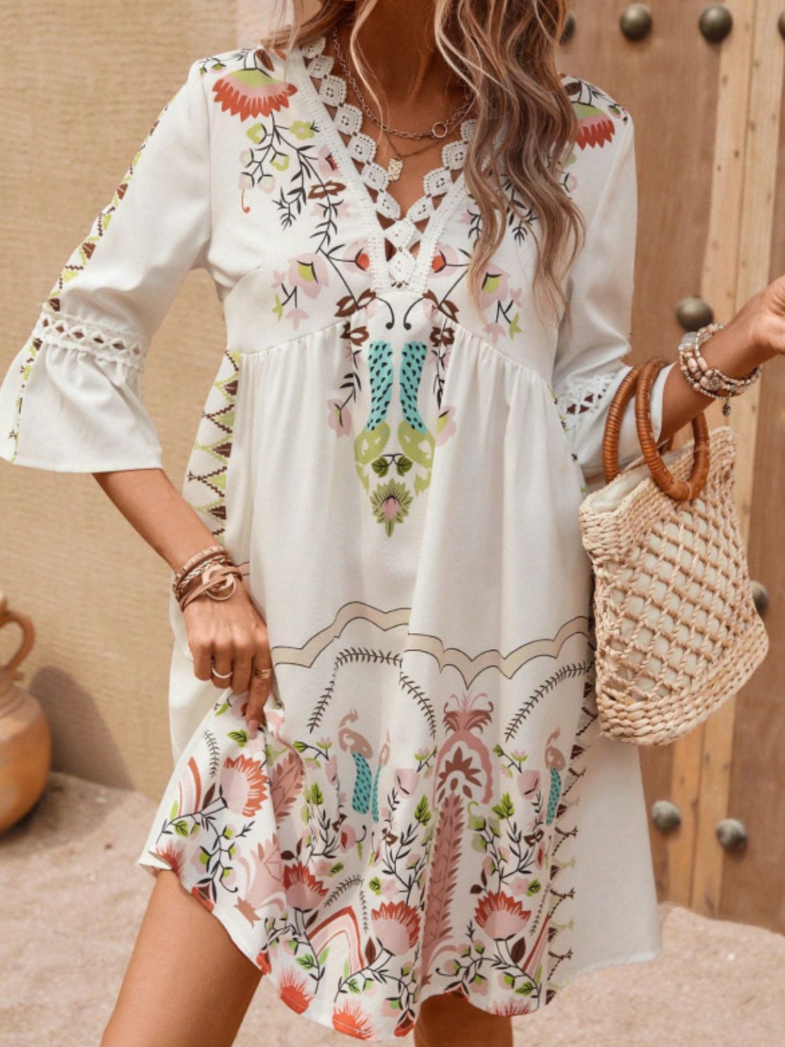 Exquisite Summer Feminine Lace Detail Printed Dress Chic Midi Lightweight Dress by Stevvex