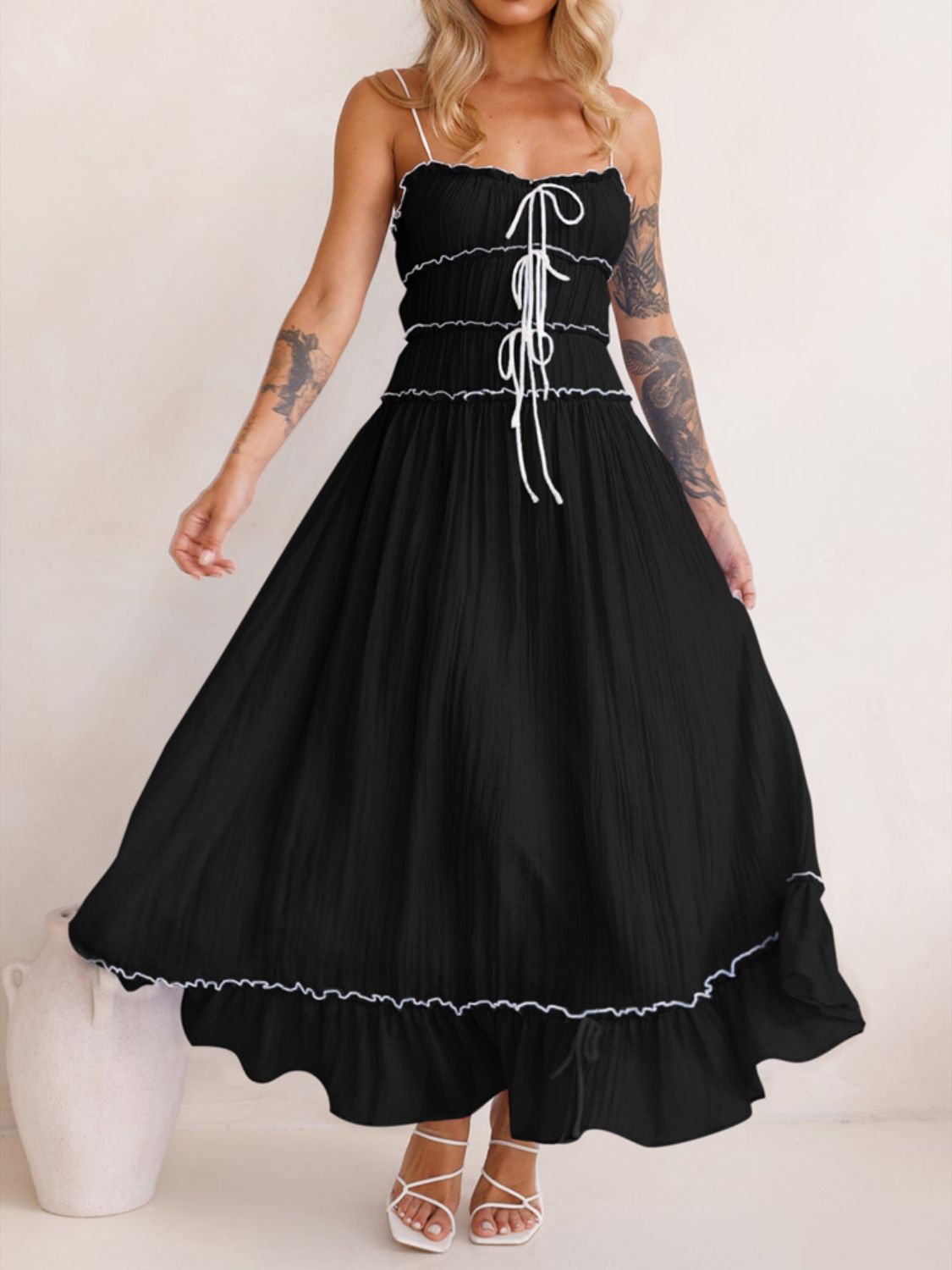 Vintage Ruffled Hem Midi Dress With Tied And Ruched Detail Elegant Feminine Girls Dress by Stevvex