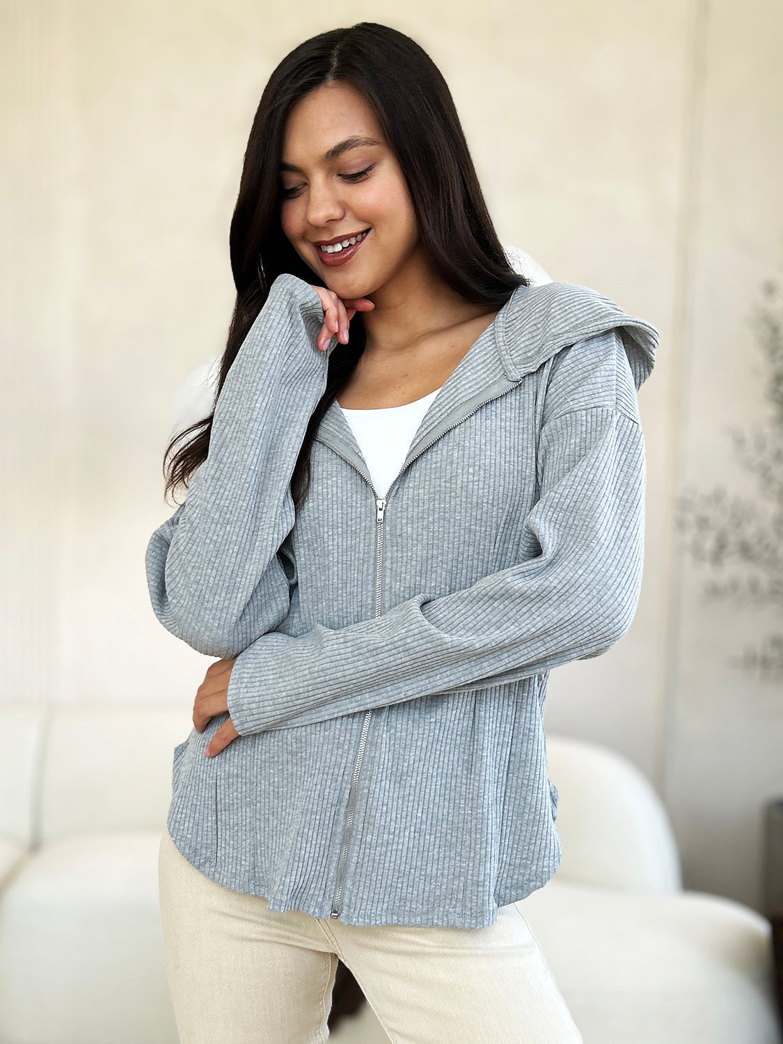 Culture Code Full Size Ribbed Zip Up Drawstring Hooded Jacket Women Trendy Jacket With Adjustable Hood For Women by Stevvex
