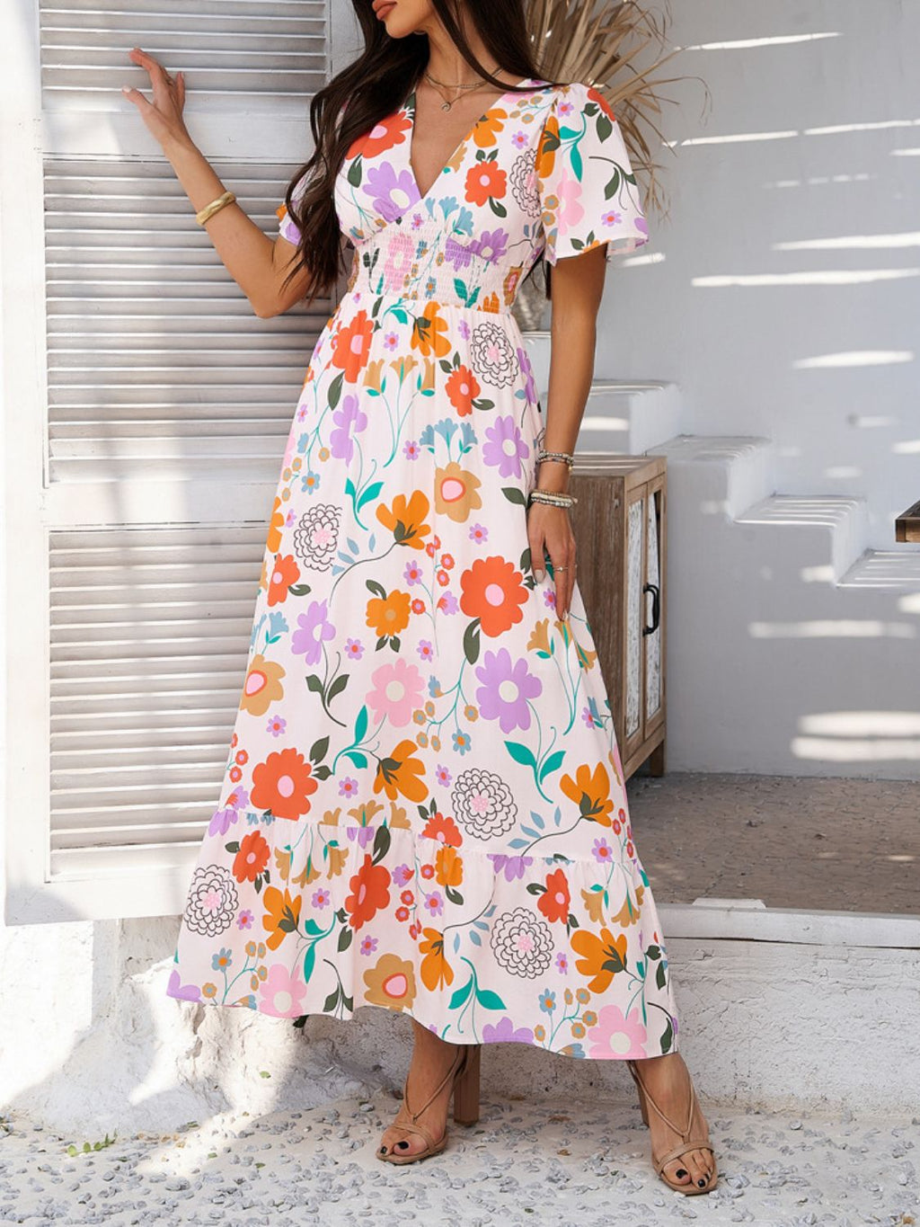 Elegant Printed V-Neck Short Sleeve Maxi Dress Beautiful Casual Women Long Dress