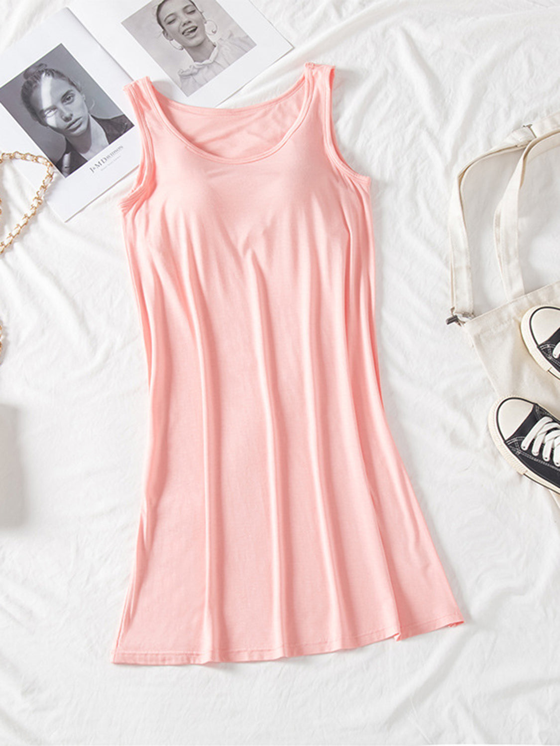 Classic Round Neck Wide Strap Mini Dress With Built-In Bra Comfortable Sleeveless Dress by Stevvex