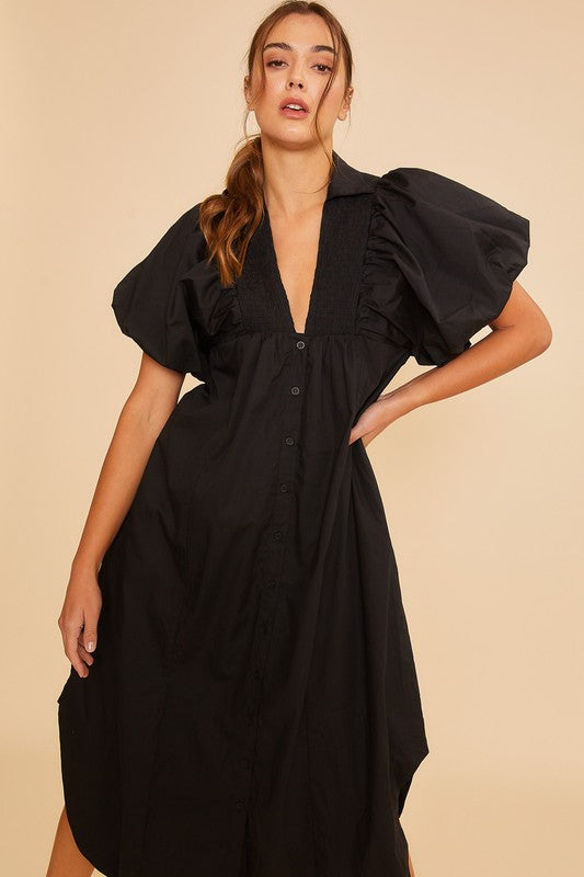 Sophisticated Elegant Black Puff Sleeve Midi Dress Luxury Dress for Women Timeless Women Dress