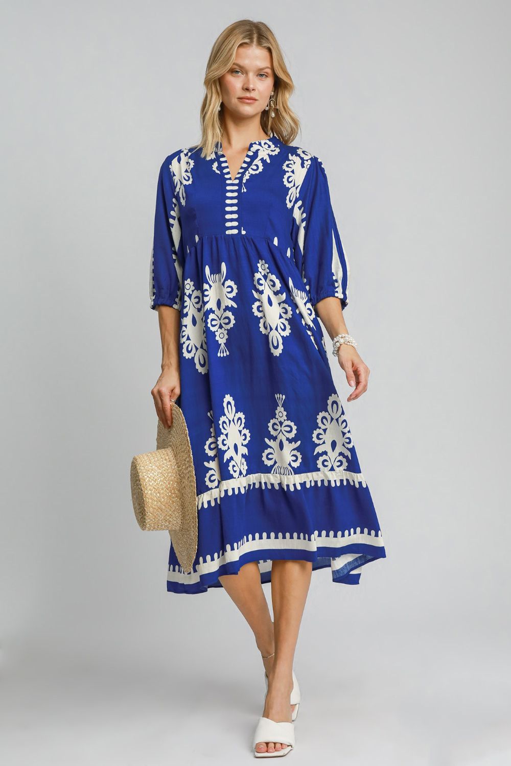 Royal Blue Printed Notched Midi Dress Elegant & Timeless Dress For Every Occasion by Stevvex