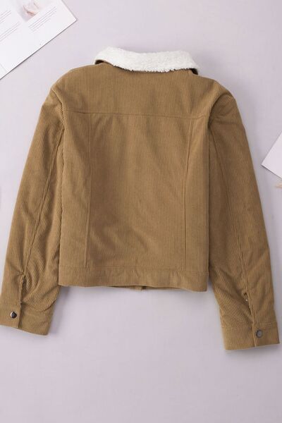 Vintage Women Winter Corduroy Snap Down Jacket With Collared Neck and Plush Lining by Stevvex