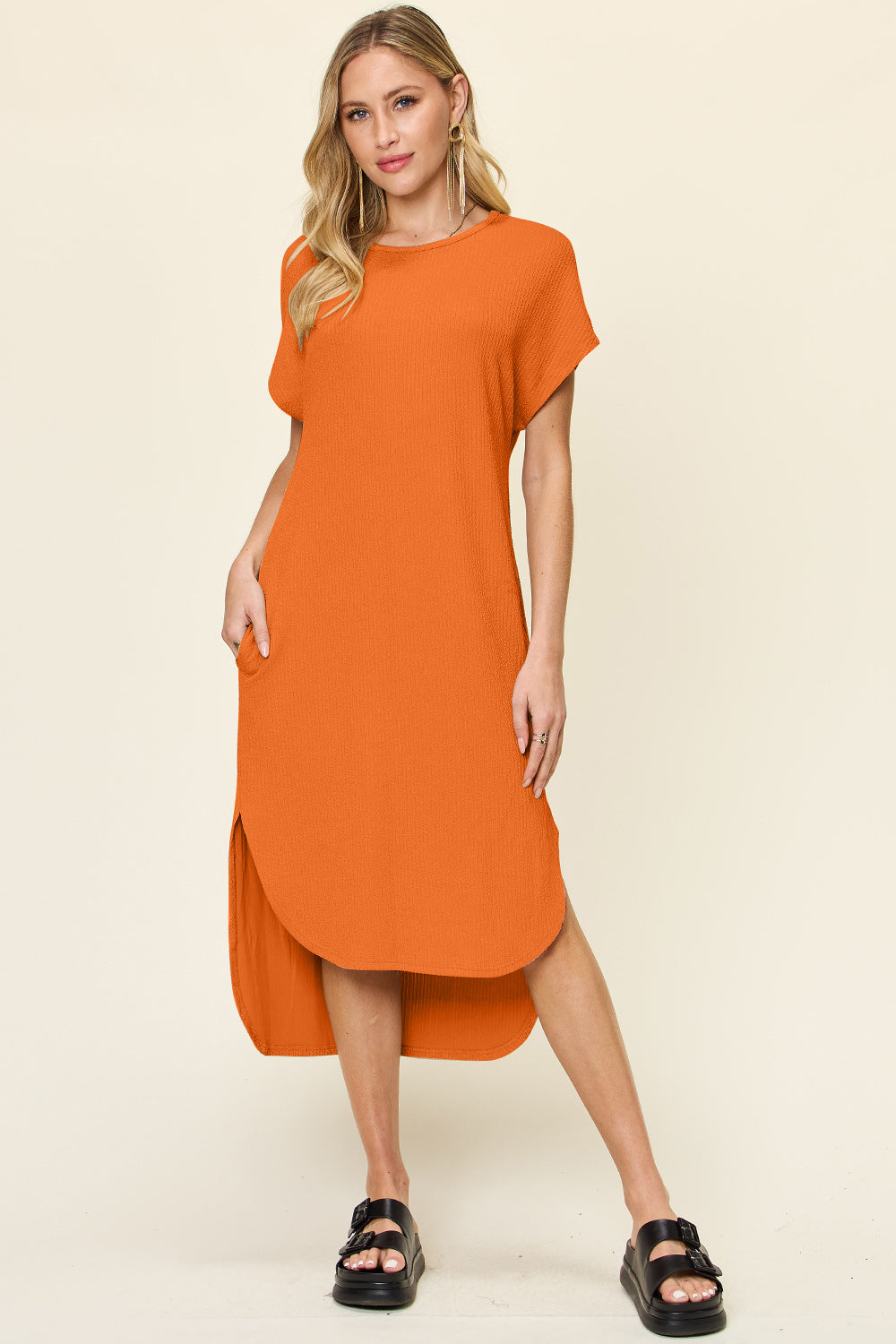 Double Take Full Size Round Neck Short Sleeve Slit Dress Stylish & Comfortable Casual Dress by Stevvex