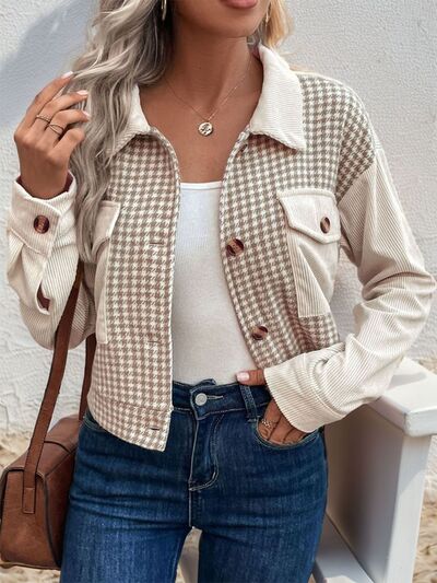 Women's Houndstooth Button-Up Long Sleeve Jacket – Chic & Pocketed Lightweight Outerwear by Stevvex