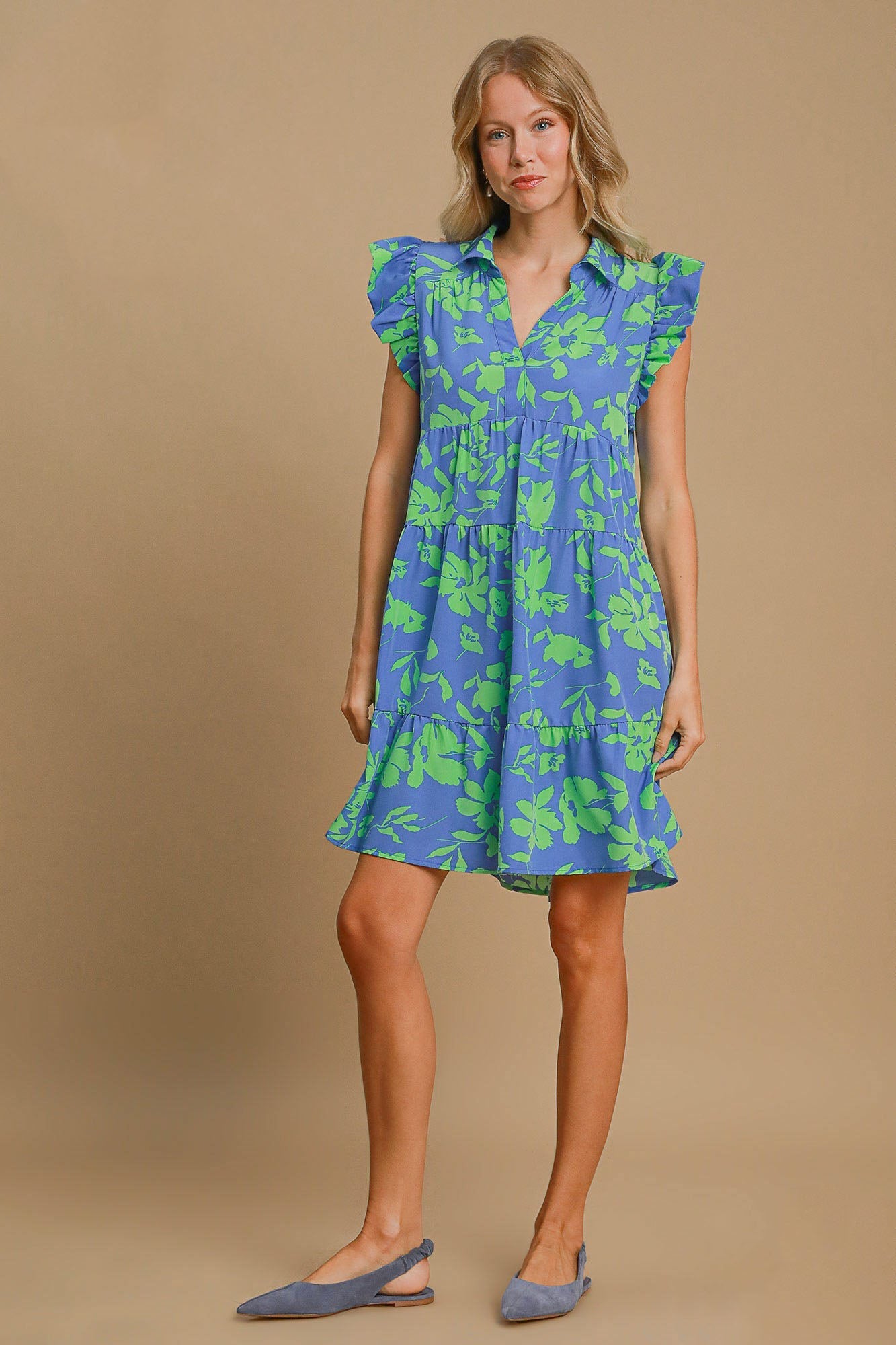 Romantic Full Size Floral Print Dress Ruffle Cap Sleeve Dress Plus Size Summer Lightweight Dress by Stevvex