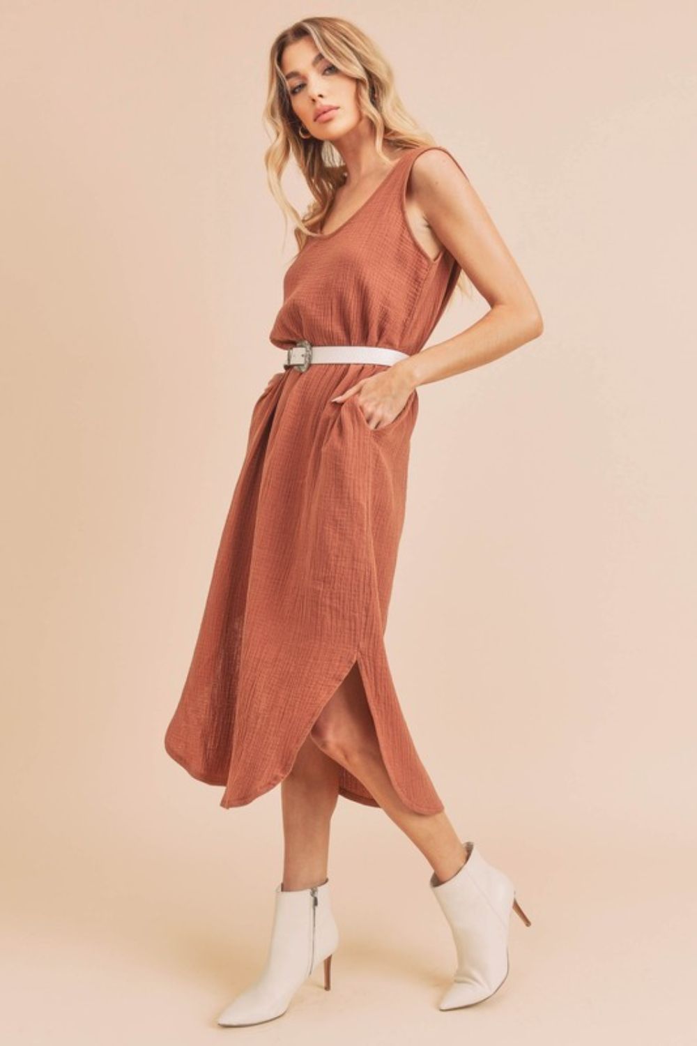 Round Neck Midi Tank Dress with Pockets Casual, Comfortable & Functional for Everyday Wear by Stevvex