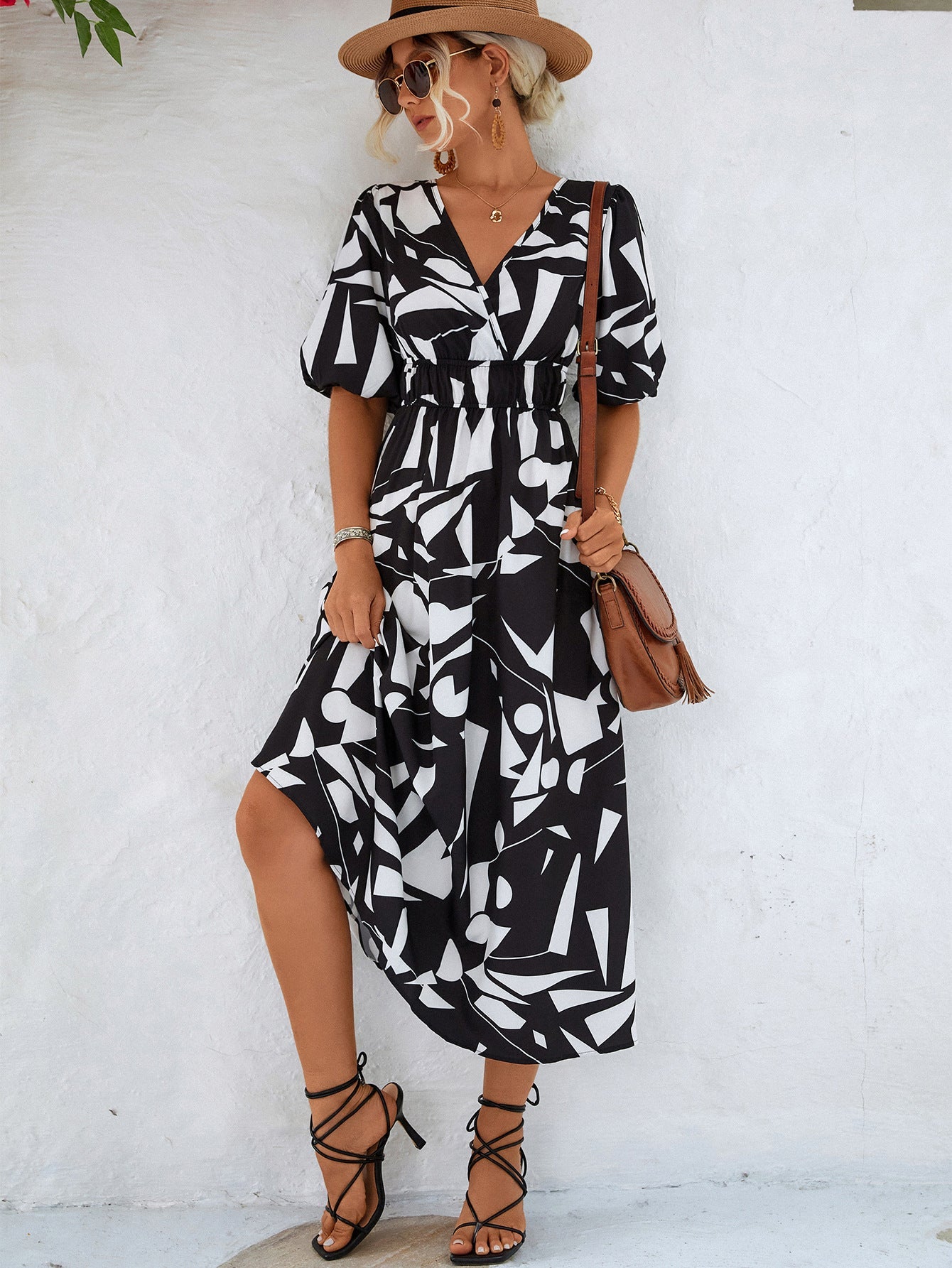 Black White Printed Balloon Sleeve Dress Elegant & Chic Casual Wear For Summer by Stevvex