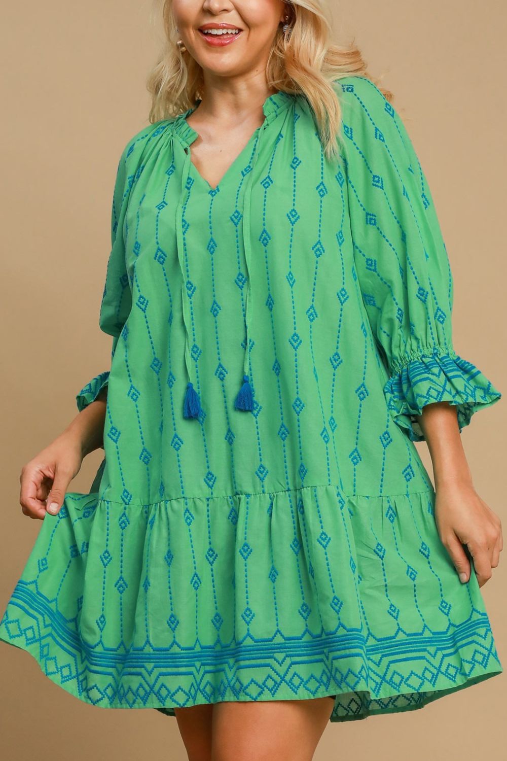 Full Size Tassel Embroidered Sleeve Mini Dress Plus Size Feminine & Stylish Green Dress by Stevvex