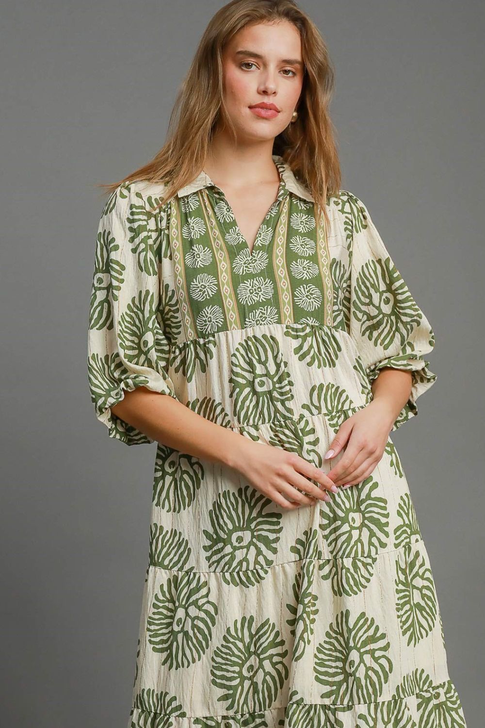 Matcha Green Full Size Print Midi Dress Plus Size Boho Chic Dress Lightweight Women Dress by Stevvex