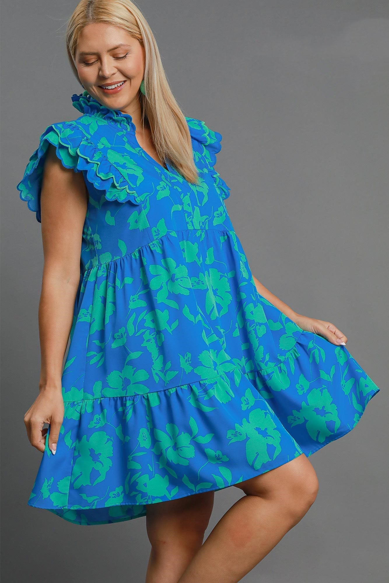 Blue Full Size Two-Tone Floral Print Ruffle Cap Sleeve Mini Dress Plus Size Elegant Dress by Stevvex