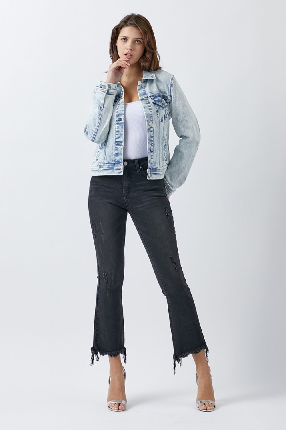 Button Up Washed Jacket Blue Classic Buttoned Jacket With Pocket Detail For Women by Stevvex