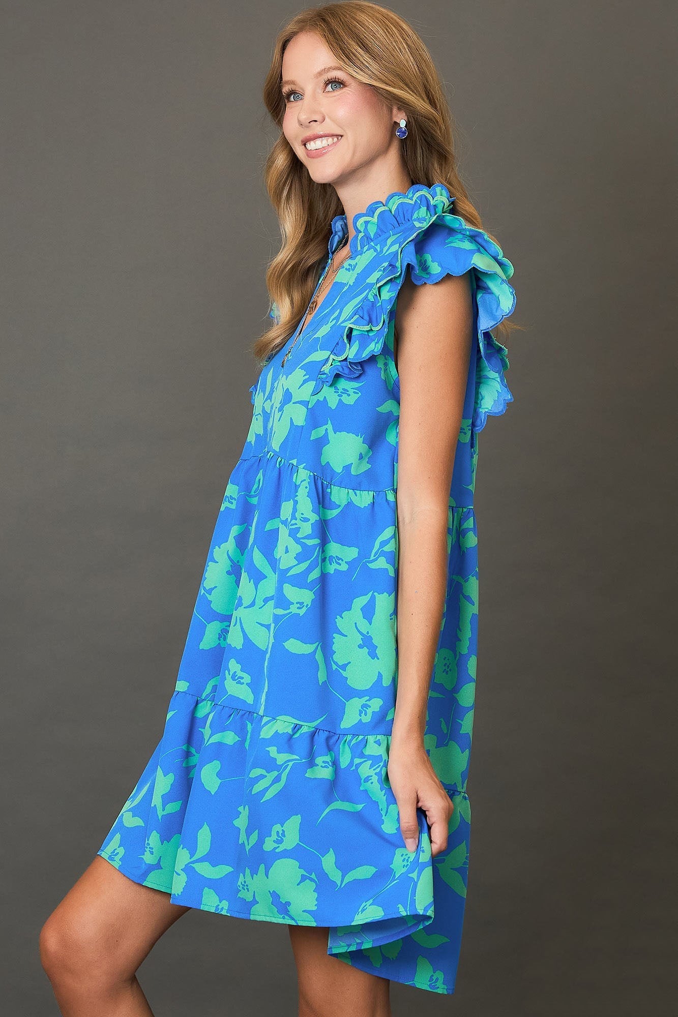Blue Full Size Two-Tone Floral Print Ruffle Cap Sleeve Mini Dress Plus Size Elegant Dress by Stevvex