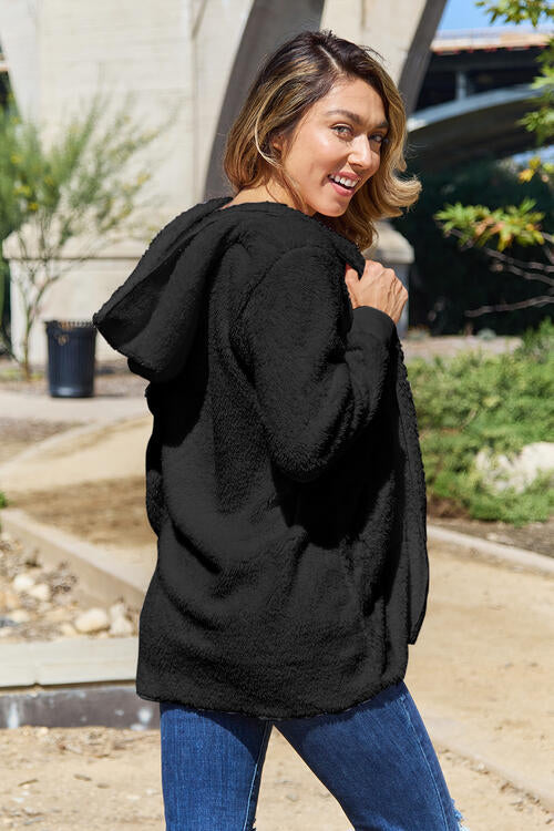 Women Full Size Teddy Hooded Jacket with Pockets Cozy Casual Jacket Comfortable Women Jacket by Stevvex