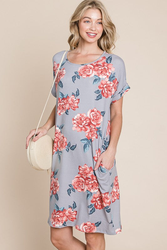 Floral Round Neck Short Tee Dress with Pockets For Women – Comfortable, Casual & Functional for Everyday Wear by Stevvex