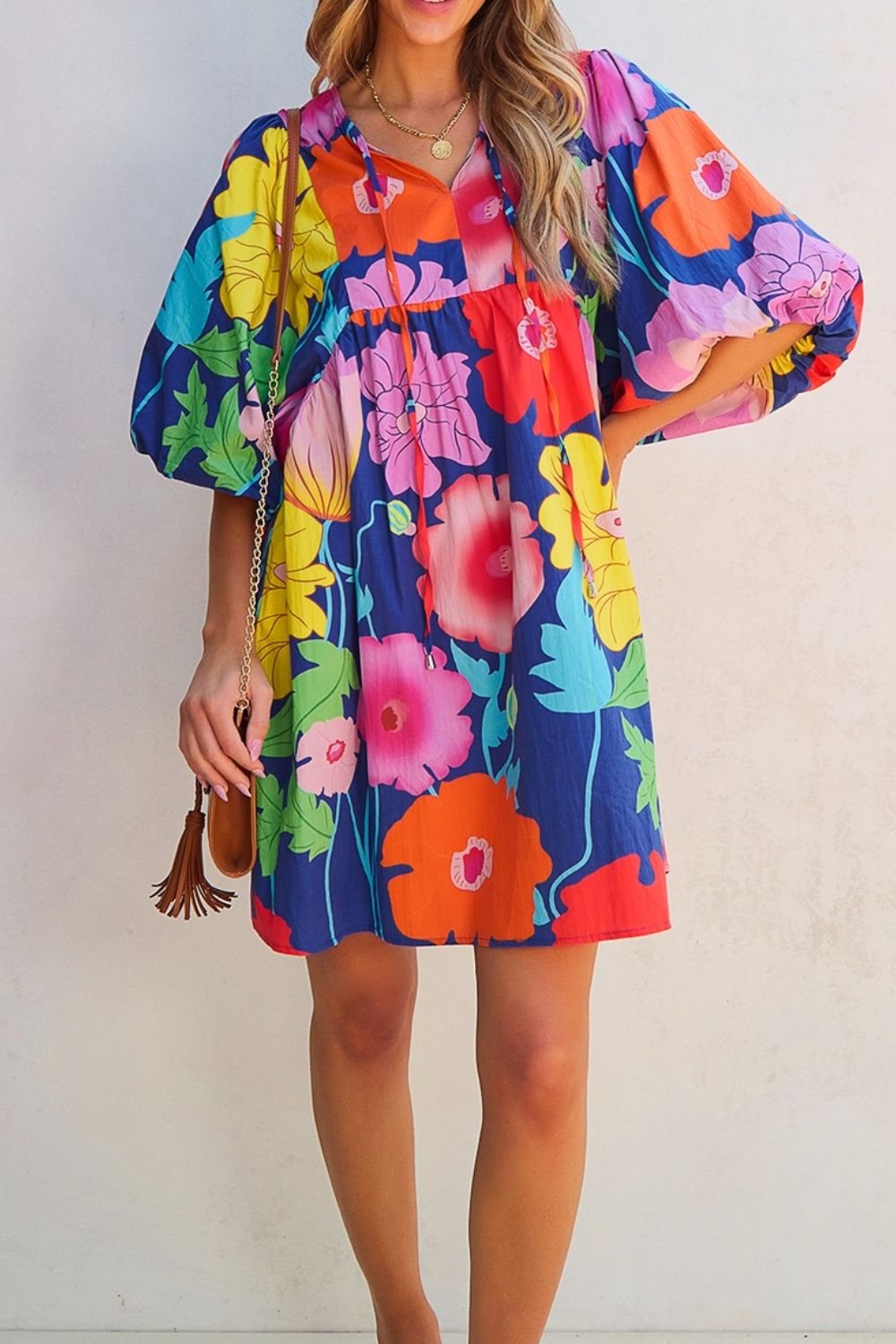 Modern Floral Print Tie Neck Dress Elegant & Timeless Colorful Dress by Stevvex