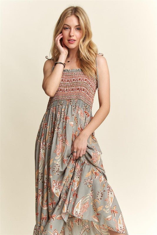 Smocked Printed Square Neck Tie Shoulder Cami Dress For Women – Trendy Smocked Cami Dress with Square Neckline, Tie Shoulders, and Playful Print for a Chic Summer Look