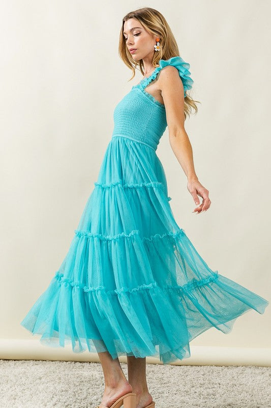 Frill Mesh Tiered Midi Dress For Women – Fluttering, Elegant, Romantic Frill Design with Mesh Details for a Feminine Silhouette by Stevvex