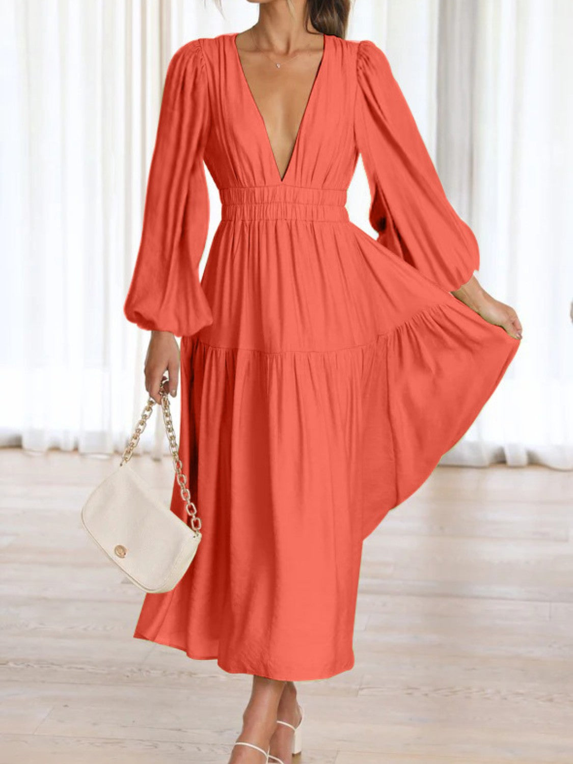 Lightweight Deep V-Neck Balloon Sleeve Maxi Dress Elegant & Flowing Silhouette Unique Dress by Stevvex