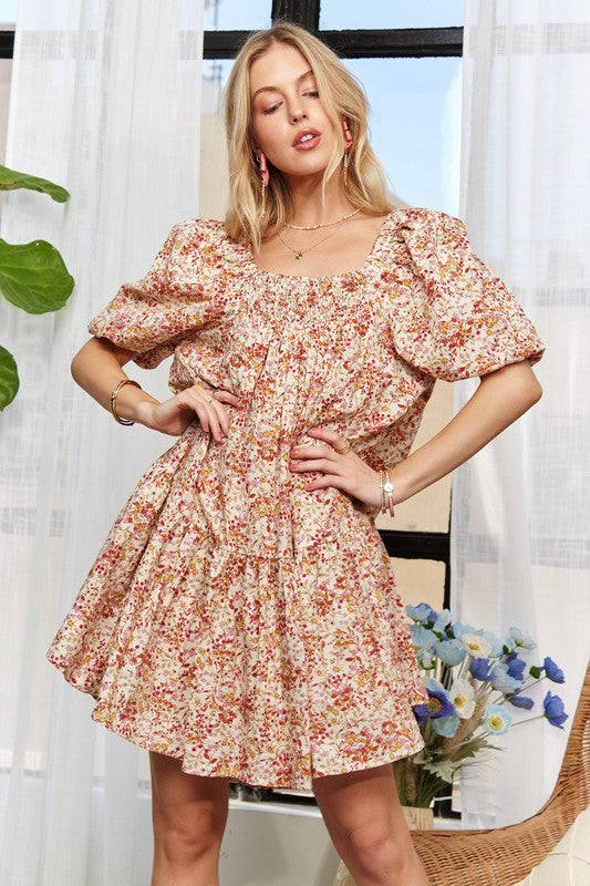 New Summer Floral Square Neck Puff Sleeve Dress For Women – Charming, Feminine, Vintage-Inspired, Perfect for Special Occasions