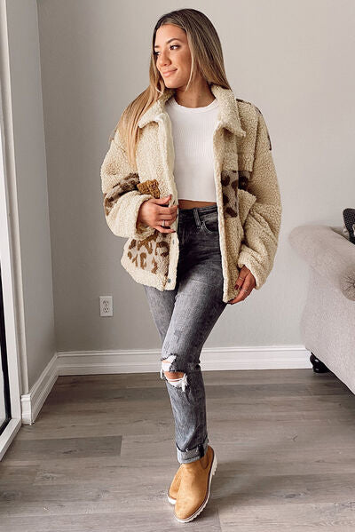 Comfortable Leopard Print Sherpa Jacket with Collared Neck And Functional Pockets Soft Women Jacket by Stevvex