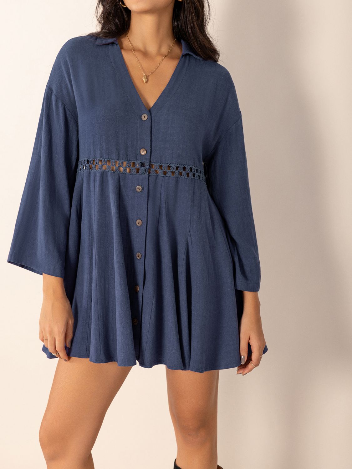 Dusty Blue Long Sleeve Mini Dress Elegant Cutout & Buttoned Design Lightweight Women Dress by Stevvex