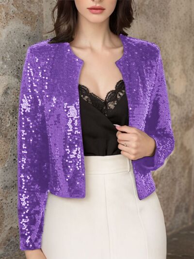 Elegant Women Full-Size Sequin Open Front Cropped Jacket With Glamorous Sparkle Luxury Women Party Jacket by Stevvex