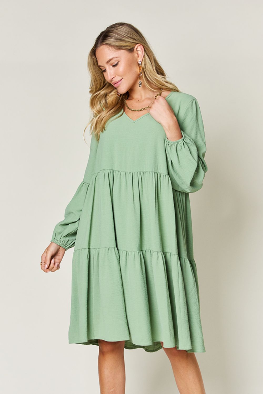 Light Green Double Take Full Size V-Neck Sleeve Tiered Dress with Pockets Elegant & Comfortable Casual Dress by Stevvex
