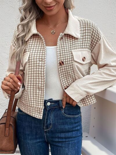 Women's Houndstooth Button-Up Long Sleeve Jacket – Chic & Pocketed Lightweight Outerwear by Stevvex
