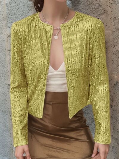 Elegant Women Full-Size Sequin Open Front Cropped Jacket With Glamorous Sparkle Luxury Women Party Jacket by Stevvex