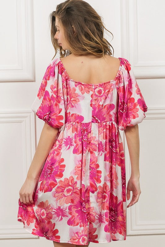 New Summer Floral Square Neck Puff Sleeve Mini Dress For Women, Vintage-Inspired Charm, Romantic Floral Print, Feminine Puff Sleeves for Casual & Dressy Occasions by Stevvex