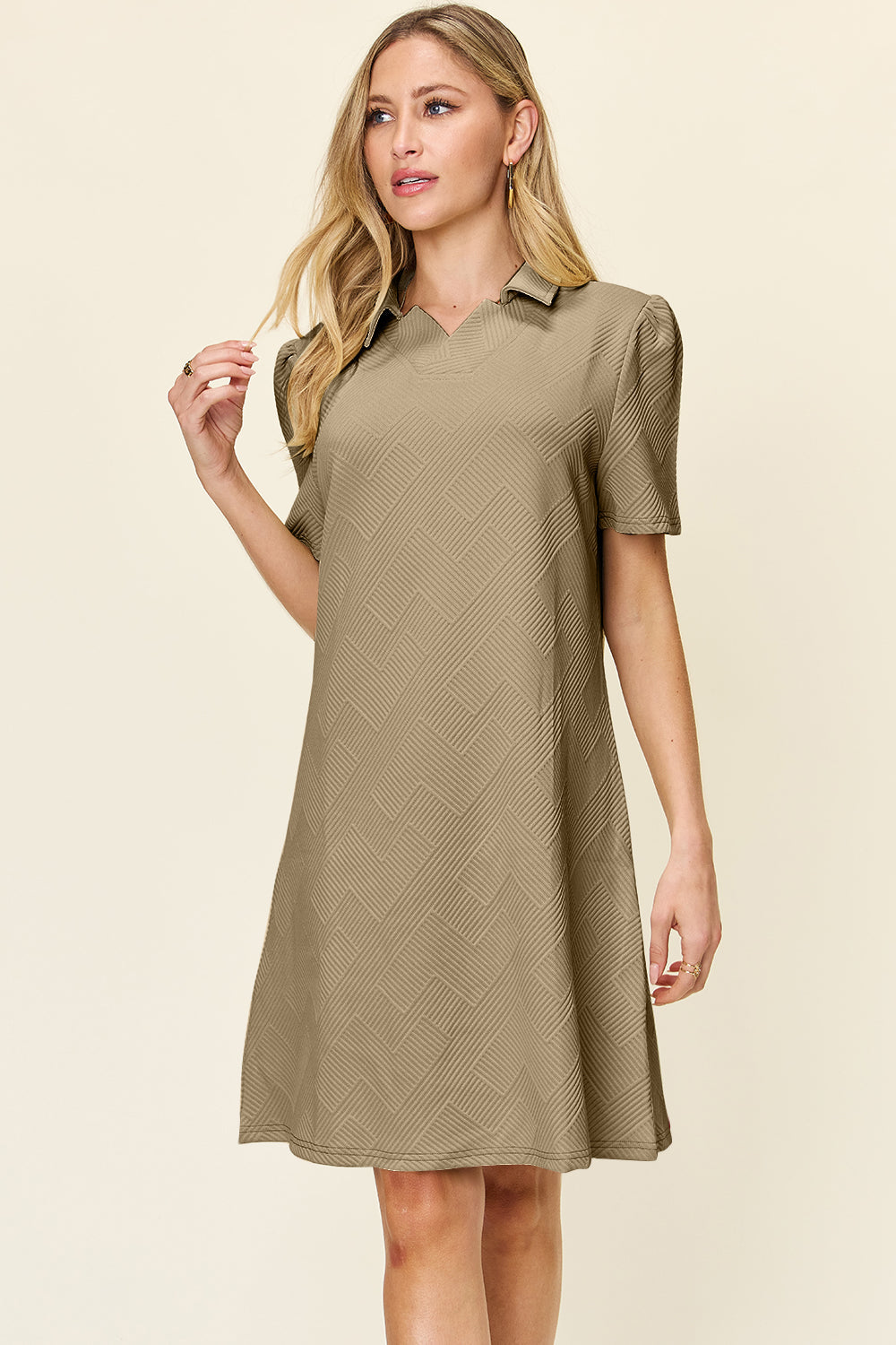 Double Take Full Size Texture Collared Neck Short Sleeve Dress Textured Dress For Women by Stevvex