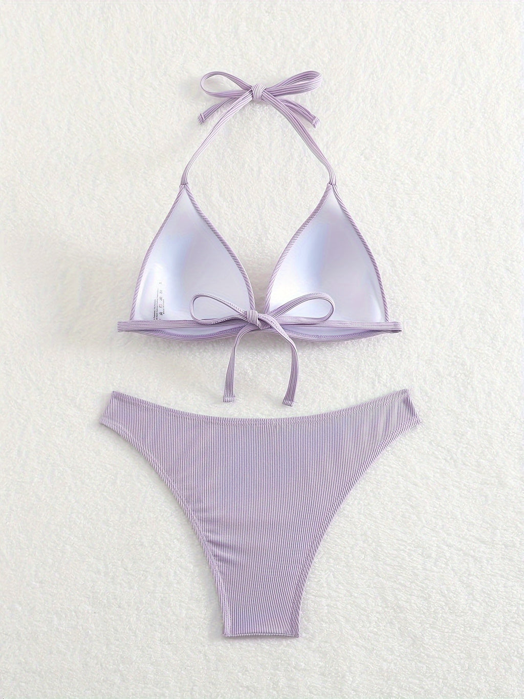 Bikini Rib Knit Solid Color Triangle 2 Piece Swimsuit for Women – Adjustable Tie Back Halter Bikini Set with Spaghetti Straps – High Stretch Polyester Swimwear for Summer Beachwear Poolside Relaxation and Tropical Vacation