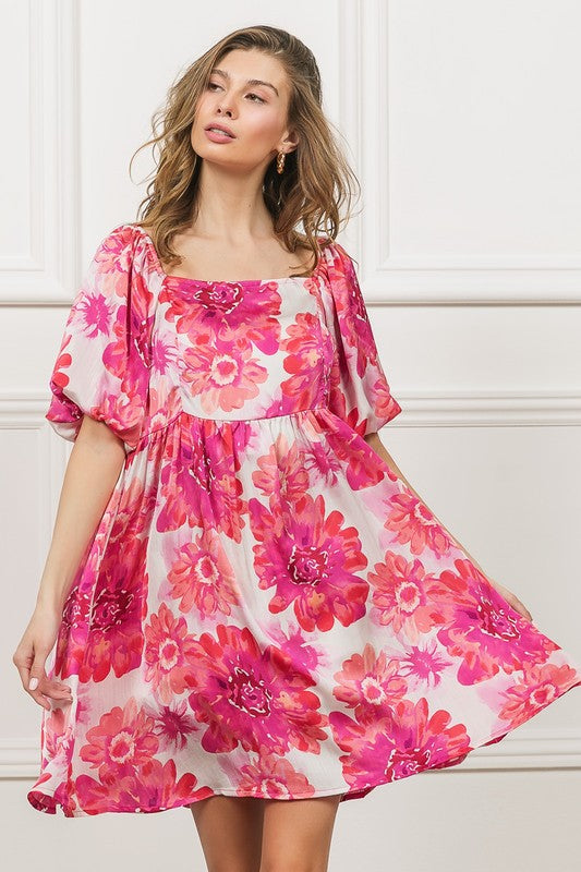 New Summer Floral Square Neck Puff Sleeve Mini Dress For Women, Vintage-Inspired Charm, Romantic Floral Print, Feminine Puff Sleeves for Casual & Dressy Occasions by Stevvex