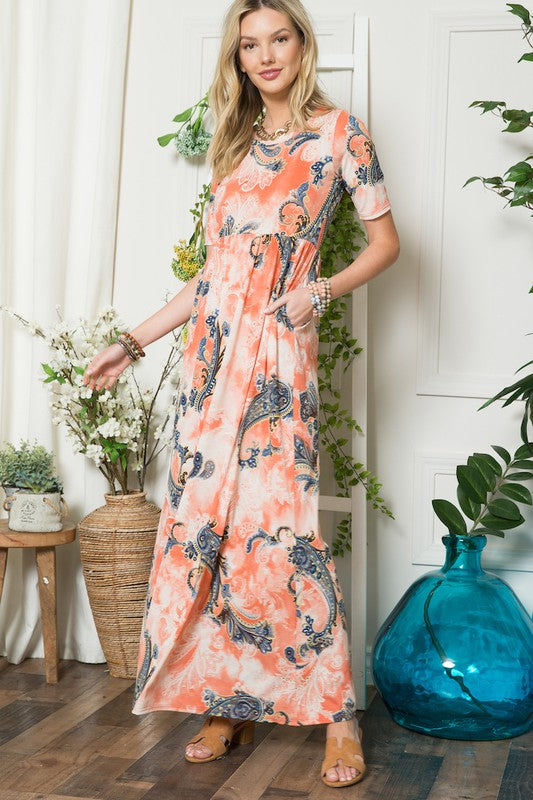Celeste Paisley Print Short Sleeve Maxi Dress with Pockets Effortlessly Stylish, Fluttering, Comfortable, and Versatile with Pockets for Added Convenience by Stevvex