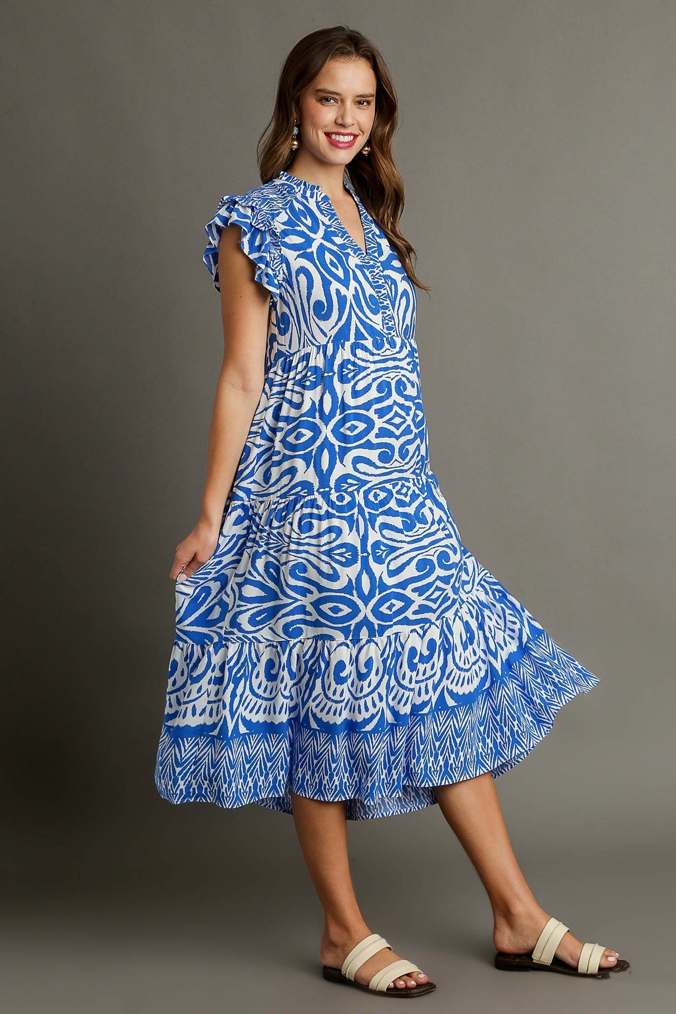 Blue Full Size Two-Tone Print Ruffle Cap Sleeve Midi Dress Plus Size Statement Piece Dress by Stevvex
