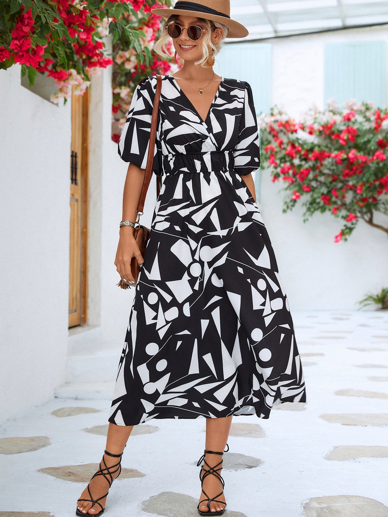 Black White Printed Balloon Sleeve Dress Elegant & Chic Casual Wear For Summer by Stevvex