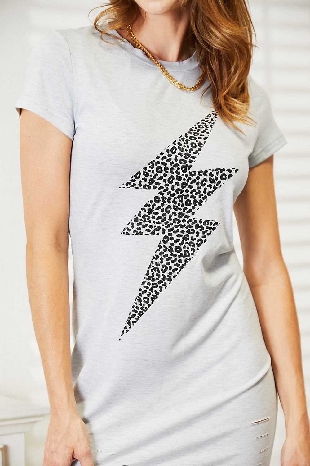 Light Gray Double Take Leopard Lightning Graphic Tee Dress Simple And Effortless Style Tee Dress by Stevvex