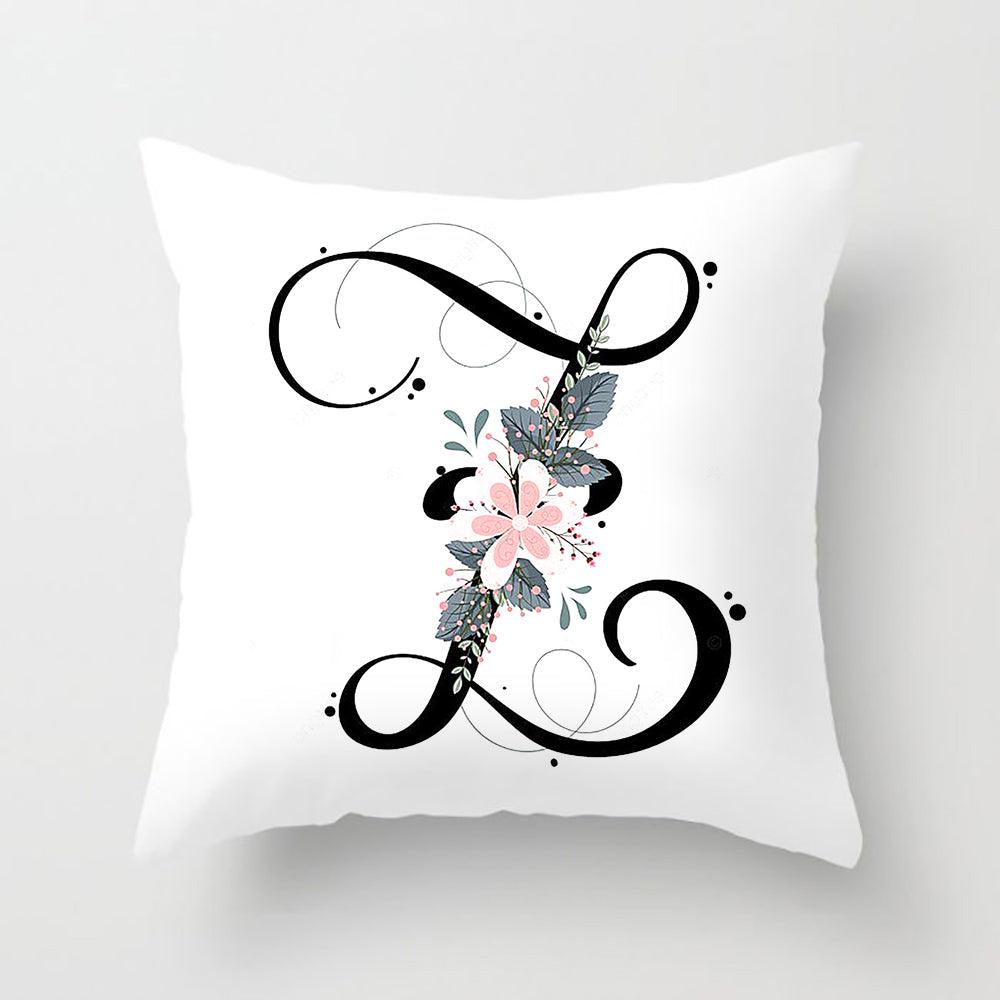 Black Alphabet Flower Print Pillow Cover White Polyester Modern Cushion Cover Decorative Pillowcase For Sofa Bed Chair Car Throw Pillow Covers Decorative Pillow Cases ABC Letter Cushion Covers Square Pillow Protectors Home Decor 45x45cm