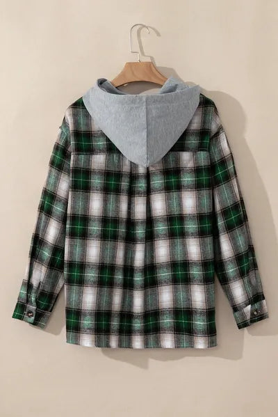 Dark Green Drawstring Pocketed Plaid Hooded Jacket Cozy & Trendy Checkered Outerwear For All Seasons by Stevvex