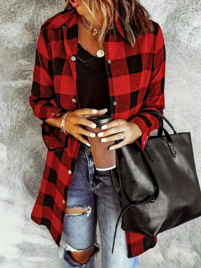 Deep Red Plaid Collared Neck Snap-Down Long Sleeve Jacket – Classic & Trendy Outerwear with Pockets by Stevvex