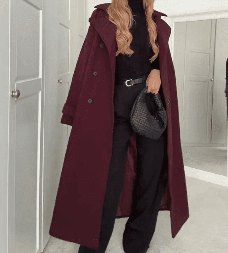 Elegant Bordeaux Lapel Mix Maxi Overcoat - Lifestyle Haven