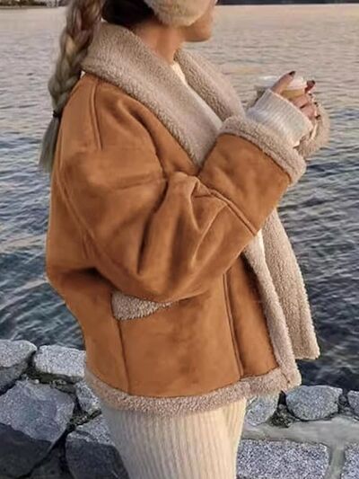 Fuzzy Collared Neck Long Sleeve Jacket with Buttoned Closure and Cozy Pockets by Stevvex