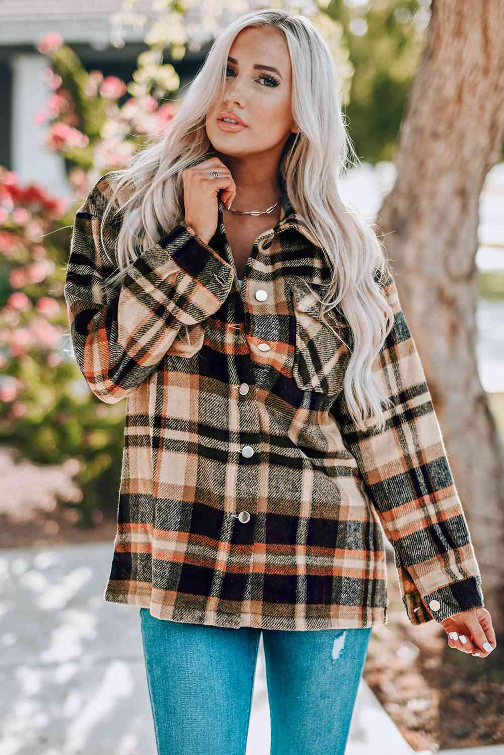 Classic Plaid Button Front Shirt Jacket with Breast Pockets Casual & Minimalist Outerwear by Stevvex