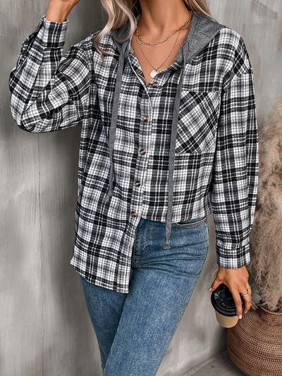 Plaid Buttoned Long Sleeve Hooded Jacket for Women – Cozy & Stylish Cotton-Blend Outerwear by Stevvex