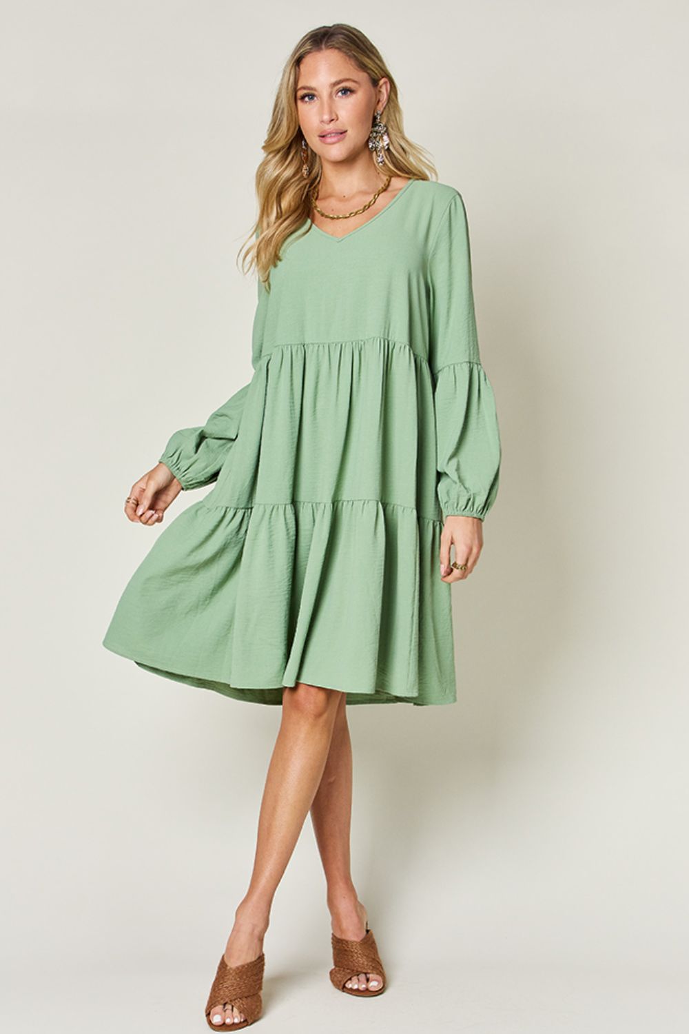Light Green Double Take Full Size V-Neck Sleeve Tiered Dress with Pockets Elegant & Comfortable Casual Dress by Stevvex
