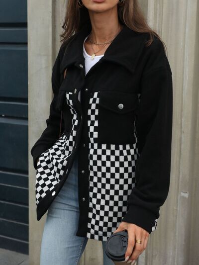 Black Checkered Snap Down Long Sleeve Jacket Stylish & Functional Buttoned Outerwear by Stevvex